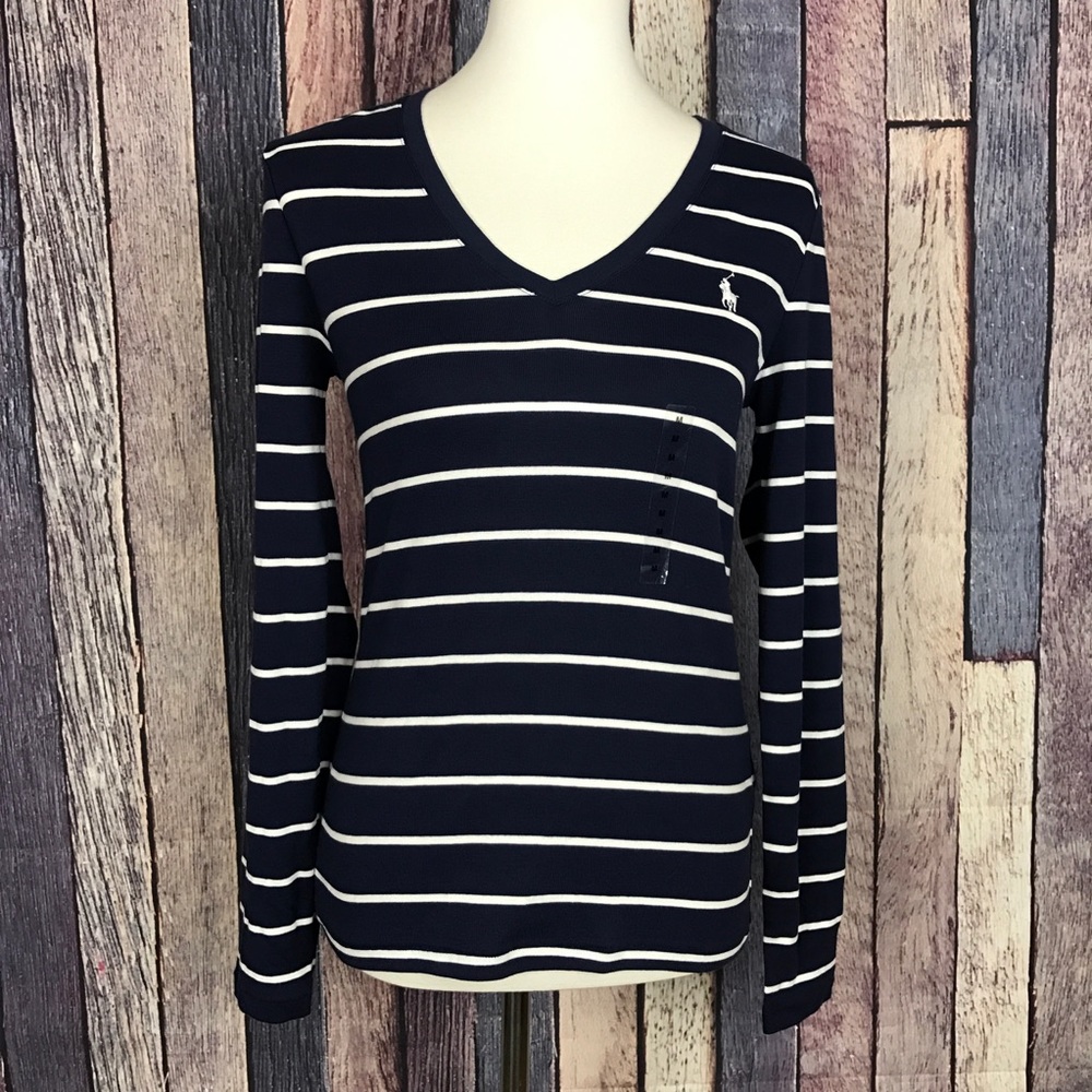 NWT Ralph Lauren Striped Navy V-Neck Shirt Small